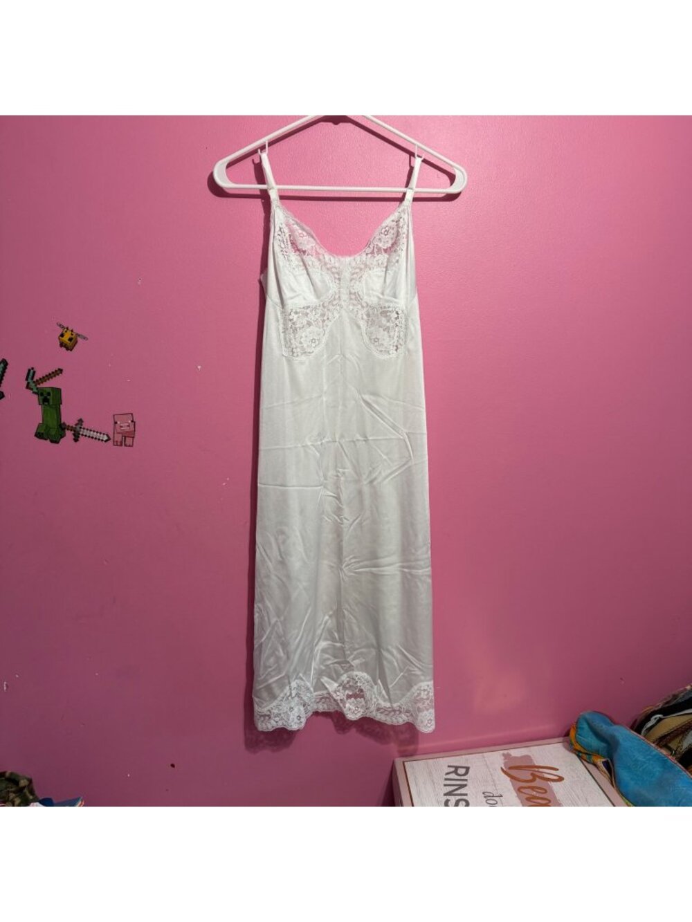 Body Lite White Lace Satin Nylon Slip Dress Vintage Small 34 USA Made